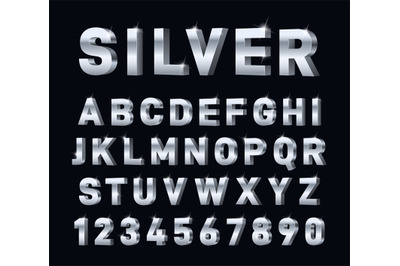 Silver font. 3d steel chrome alphabet. Metal letters and numbers, meta