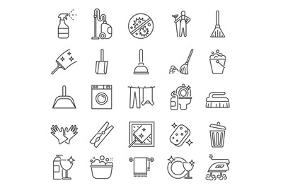 Cleaning service. Outline clean symbols, householding. Laundry housewo