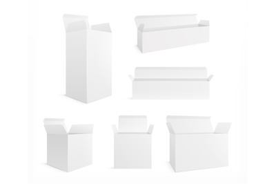 Open realistic box. White carton opening boxes. Blank cosmetic pack an