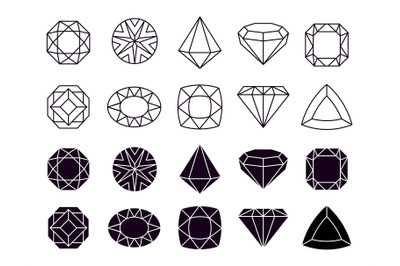 Diamonds icons. Geometric jewelry symbols, shapes luxury brilliants. I