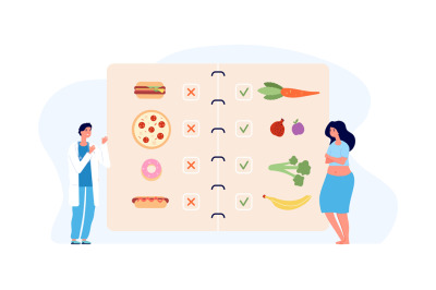 Dietology concept. Doctor and overweight patient, healthy and unhealth