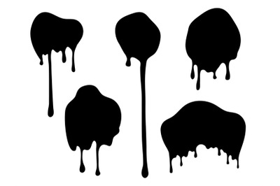 Dripping blobs. Black ink drops. Flat paint spots. Isolated flow oil o