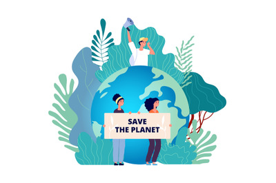 Earth day concept. Save planet, group with posters. Nature, internatio