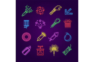 Firework icons. Neon festival dynamite, led party fireworks sign. Glow