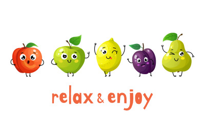 Funny fruits. Cartoon baby fruit, summer sweets. Isolated apple, peach