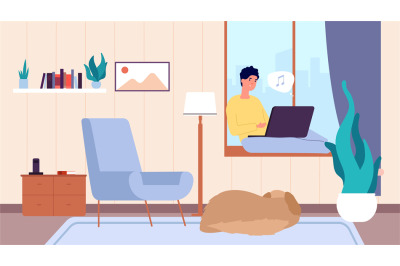 Guy with laptop. Man resting, person and dog in living room. Freelance