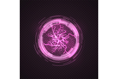 Lighting circle. Purple ball, energy plasma. Electric power explosion,