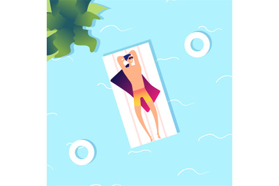 Man swimming. Summer sea guy in water. Cartoon person on mattress, sum