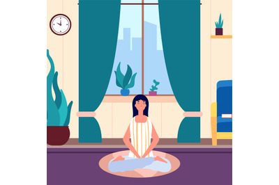 Meditation woman. Girl keep calm in living room. Yoga workout, morning