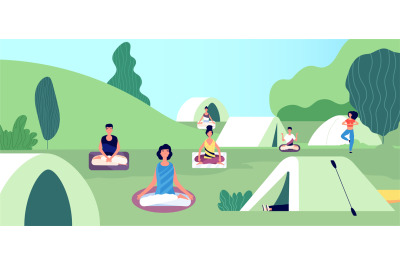 Morning meditation. Summer yoga camping. People keep calm, fitness wor