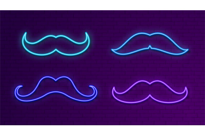 Neon bright signboards. Blue light mustache. Glow male symbol for bar,