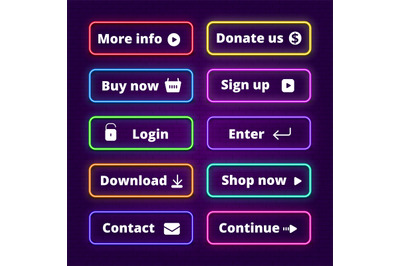 Neon buttons. Glow enter shop web badges. Click lighting frames for si