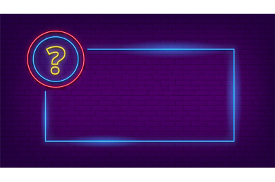 Neon quiz sign. Glow question mark and lighting frame. Party led banne