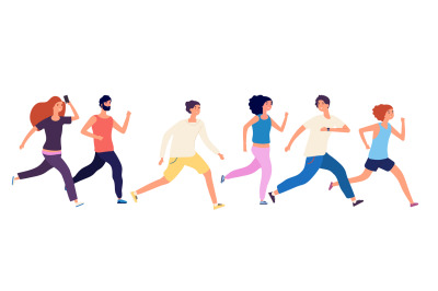 Running people. Crowd jogging, isolated runners. Adult group athletic,