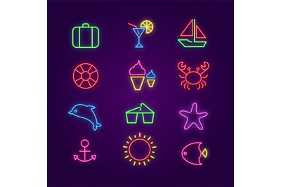 Summer icons. Summertime lighting neon symbols. Sunglasses, cocktail,