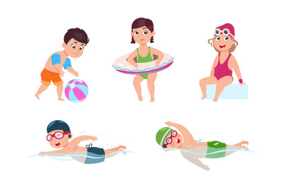 Swimming children. Happy kids, little beach girl. Sea or pool party. I