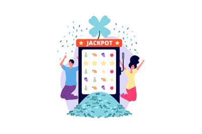 Jackpot winners. Online casino, lucky man woman with money pile. Peopl