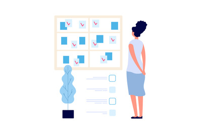 Task board. Manager woman looking at planning. Time management, multit