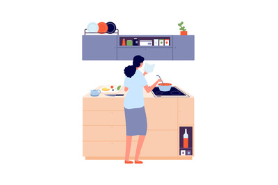 Woman cooking. Girl in kitchen near stove, lunch. Cooking, healthy eat