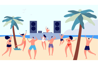 Beach party. Summer teenagers disco, flat fun dj and happy dancing peo