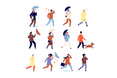 Autumn walking people. Stylish characters, casual persons with umbrell