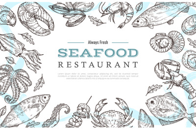 Sketch seafood banner. Drawing fish crab lobster salmon. Restaurant ca