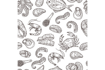 Seafood pattern. Hand drawn ink sea life. Sketch japanese food, engrav