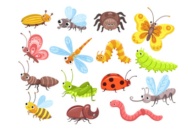 Cartoon insects. Fly bug&2C; cute butterfly and beetle. Funny garden anim