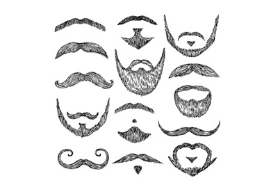 Sketch mustache. Drawing facial hair. Isolated patch mustaches, retro