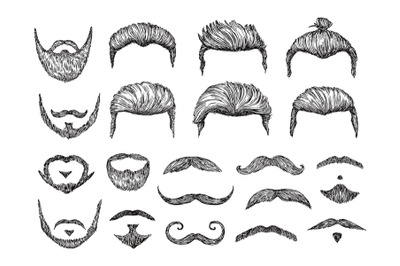 Male hairs sketch. Beard, mustache facial elements. Hand drawn hipster