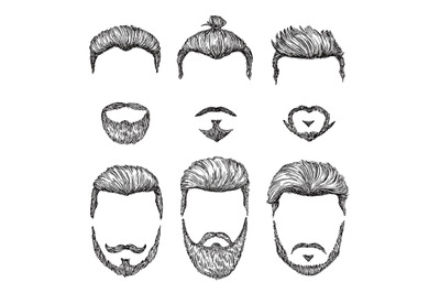 Hipster haircut. Hand drawn vintage hair styles. Isolated man beards a