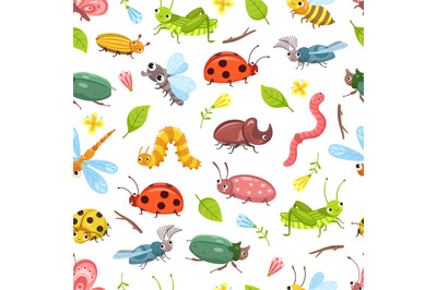 Beetle pattern. Isolated bugs, ladybug dragonfly, baby textile design.