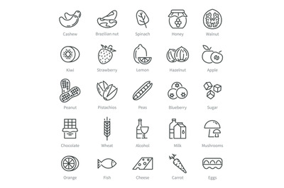 Food allergens. Simple allergen icons. Alcohol and seeds, nuts, honey.