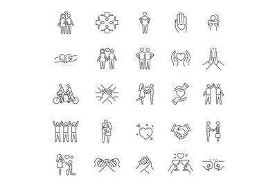 Friendship icons. Respect community, line care solidarity love symbols