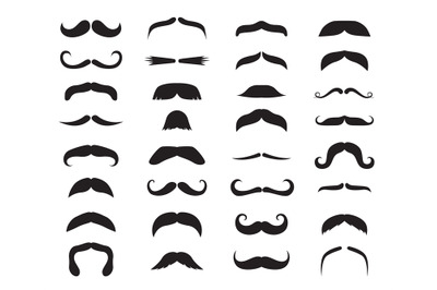 Moustache icons. Black moustaches, man accessories or props. Barber sh