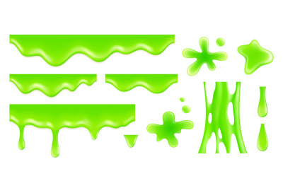 Realistic dripping slime. Radioactive green blobs and drop. Toxic flui