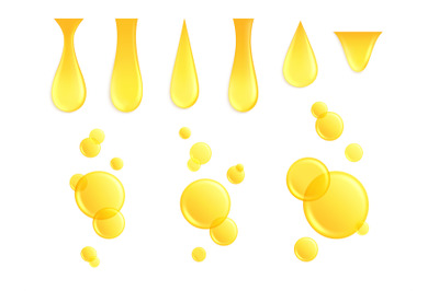 Realistic oil drops. Dripping drop, honey yellow drip. Isolated kerati