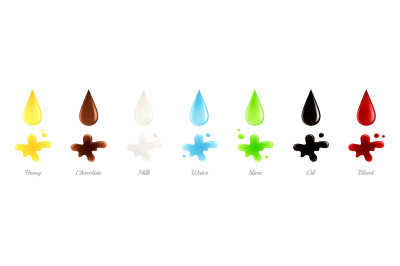 Realistic liquid drops. Colorful fluid drips. Falling petrol oil milk