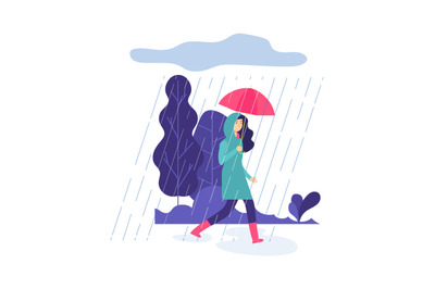 Autumn rain. Park walking, springtime rainy day. Woman with umbrella,