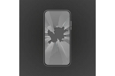 Broken screen. Crashed smartphone, glass hole. Isolated realistic unwo