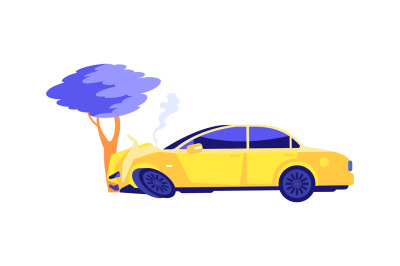 Car crash. Auto crashed into tree. Automobile smoke, accident on natur