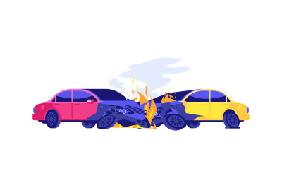 Car crash. Automobiles in fire. Isolated damaged transport, broken aut