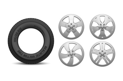 Car rims and tire. Isolated realistic rubber wheels. Vehicle service,