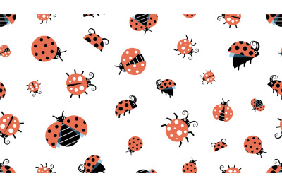 Cartoon ladybugs. Insect pattern, forest wildlife. Beetles background,