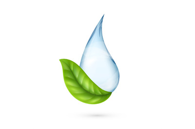 Clean water logo. Realistic water drop with green leaf. World environm