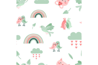 Cute animal pattern. Dove&2C; birds and cat. Rainbow&2C; clouds scandinavian