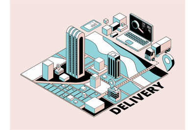 Delivery concept. Retro isometric logistic planning&2C; city and transpor