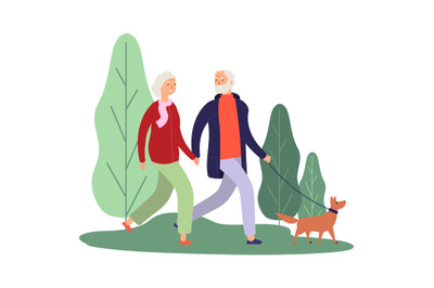 Dog owners. Elderly couple walking with puppy. Healthcare therapy, bre