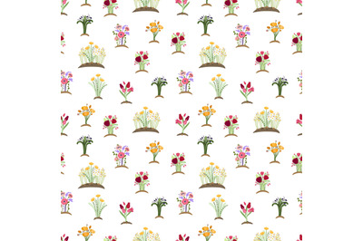 Garden flowers pattern. Colorful tulips daisy, green plant in ground.