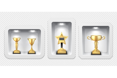 Golden cups. Awards stand, light boxes. Gallery of Victory, realistic